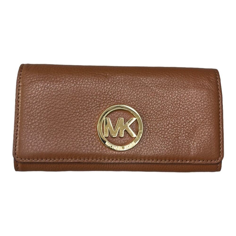 Michael Kors Fulton Carryall brown pebble leather flap snap closure wallet